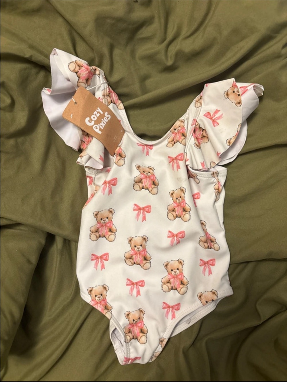 White Teddy Bear Ruffle One-Piece for Girls